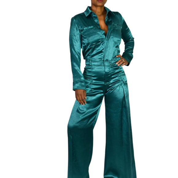 Free People Satin Jumpsuit Green Emerald Jewel Tone Silky Flare Wide Utility XS - Picture 1 of 15
